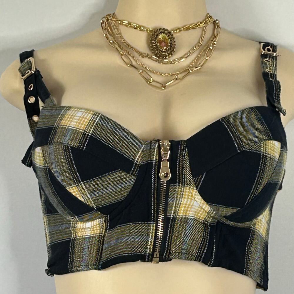 Say What Plaid Corset Crop Top Bustier Zip Front Strappy Grommet Grunge Y2K M